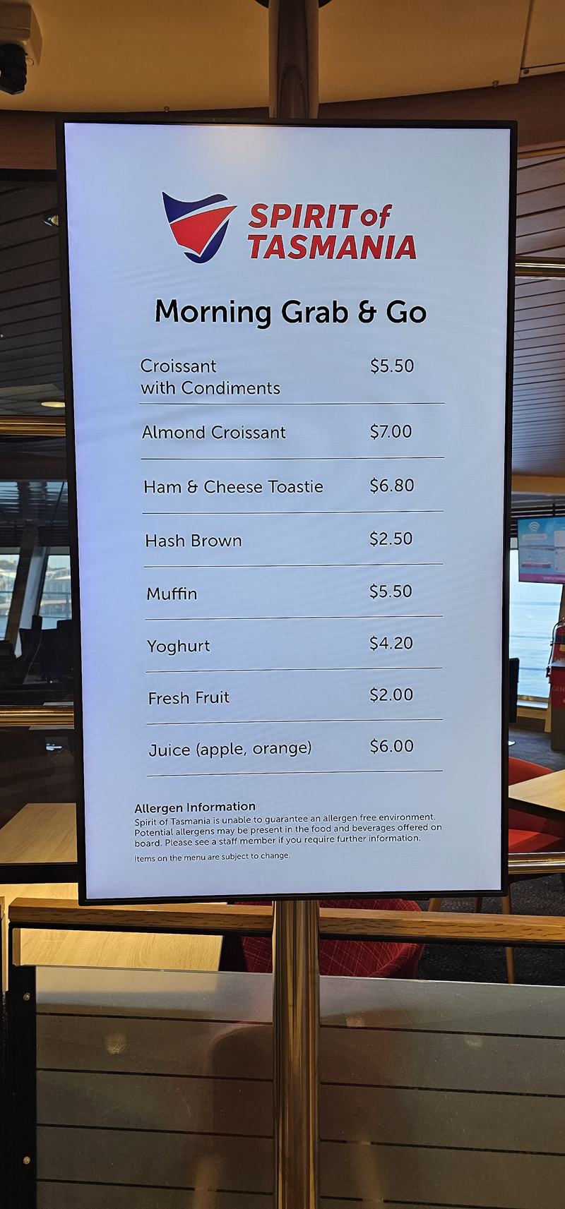 Eleven hours in a chair — The Morning Grab & Go menu board on board