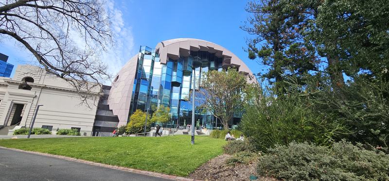 Six stops down Malop Street — The Dome — a partly buried sphere in Johnstone Park, glass below and clad panels