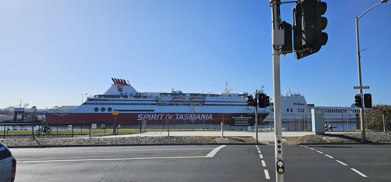 Four hours at the gathering place — Spirit of Tasmania I berthed across the Mersey, with a SeaRoad freight ship behi