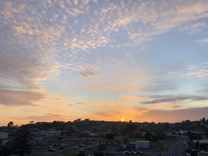 Eleven hours in a chair — The same view half an hour later, in gold sunrise light