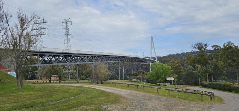 Up the Tamar — The Batman Bridge from the picnic ground underneath: a long steel truss approach