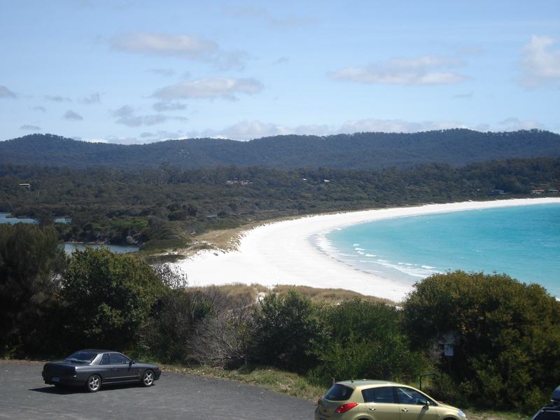 Tin, lavender and the Chinese of Weldborough — Binalong Bay's white beach curving away under bush-covered hills