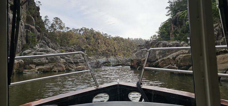 Up the Tamar — From the bow of the cruise boat, heading up Cataract Gorge between granite cliff