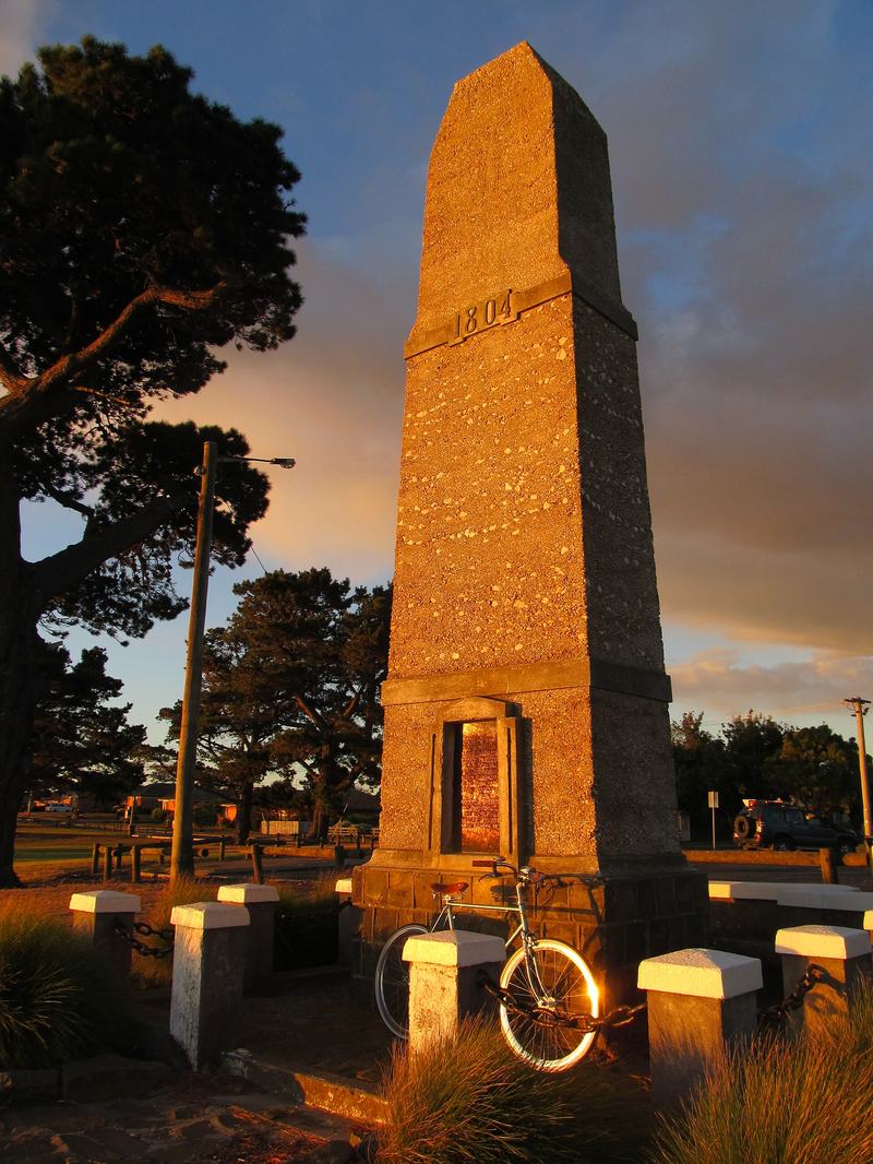 Up the Tamar — A stone obelisk on a lawn, commemorating Paterson's landing