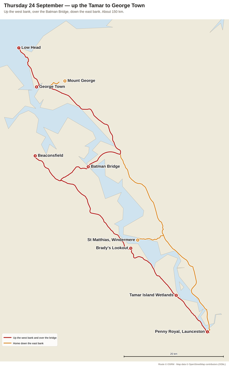 Up the Tamar — Route: Launceston up the west bank of the Tamar to Beaconsfield, over the Batman