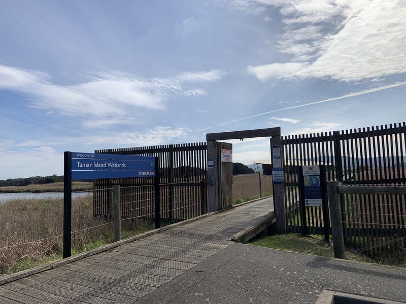 Up the Tamar — The entrance to the Tamar Island Wetlands: a sign, a gate, and the boardwalk lea