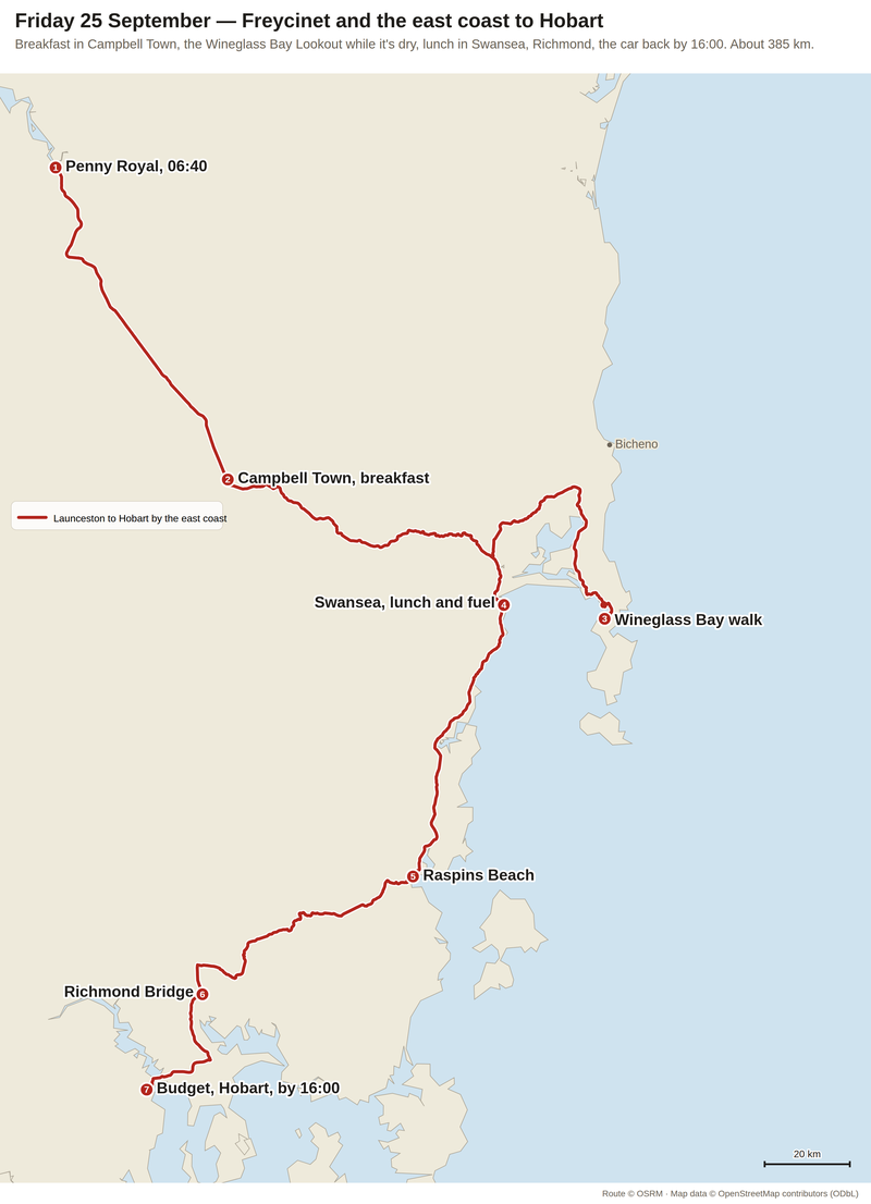 Why it's called Wineglass Bay — Route as driven: Launceston to Campbell Town, across to Wineglass Bay, down the