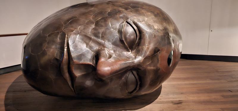 Cut into the cliff β A huge metal head lying on its cheek on a timber floor, a round hole in its side