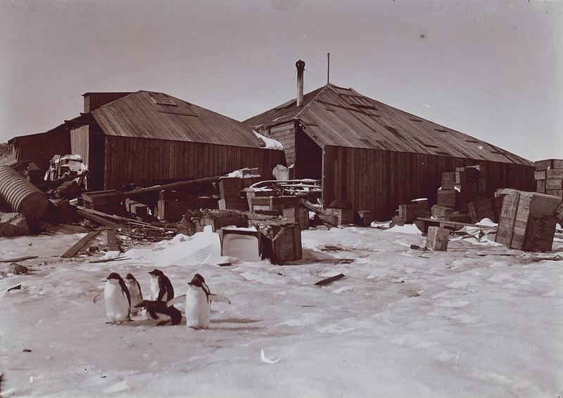 The city that faces south — The expedition's timber huts at Cape Denison in 1912, crates around them, Adélie