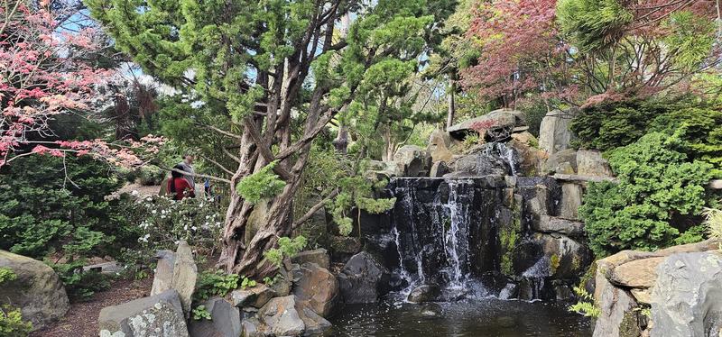 Hobart anytime — a base, not a checklist — A small waterfall over dark rocks into a pond, pines and red-leafed maples aroun