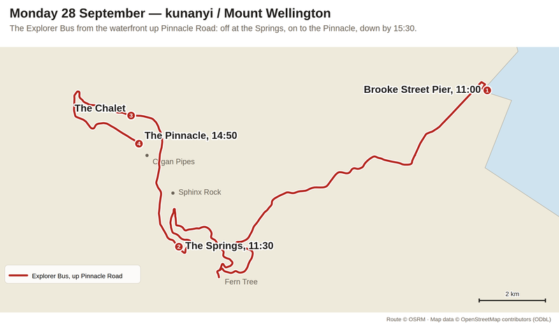 A mountain with four names — Route: the Explorer Bus from Brooke Street Pier up through Fern Tree to the Spri